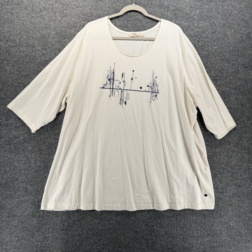 Pure Ulla Popken Top Womens 28/30 3X White Blue Print Short Sleeve Casual Cotton